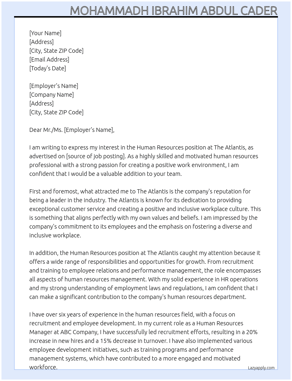 Human Resources At The Atlantis Cover Letter