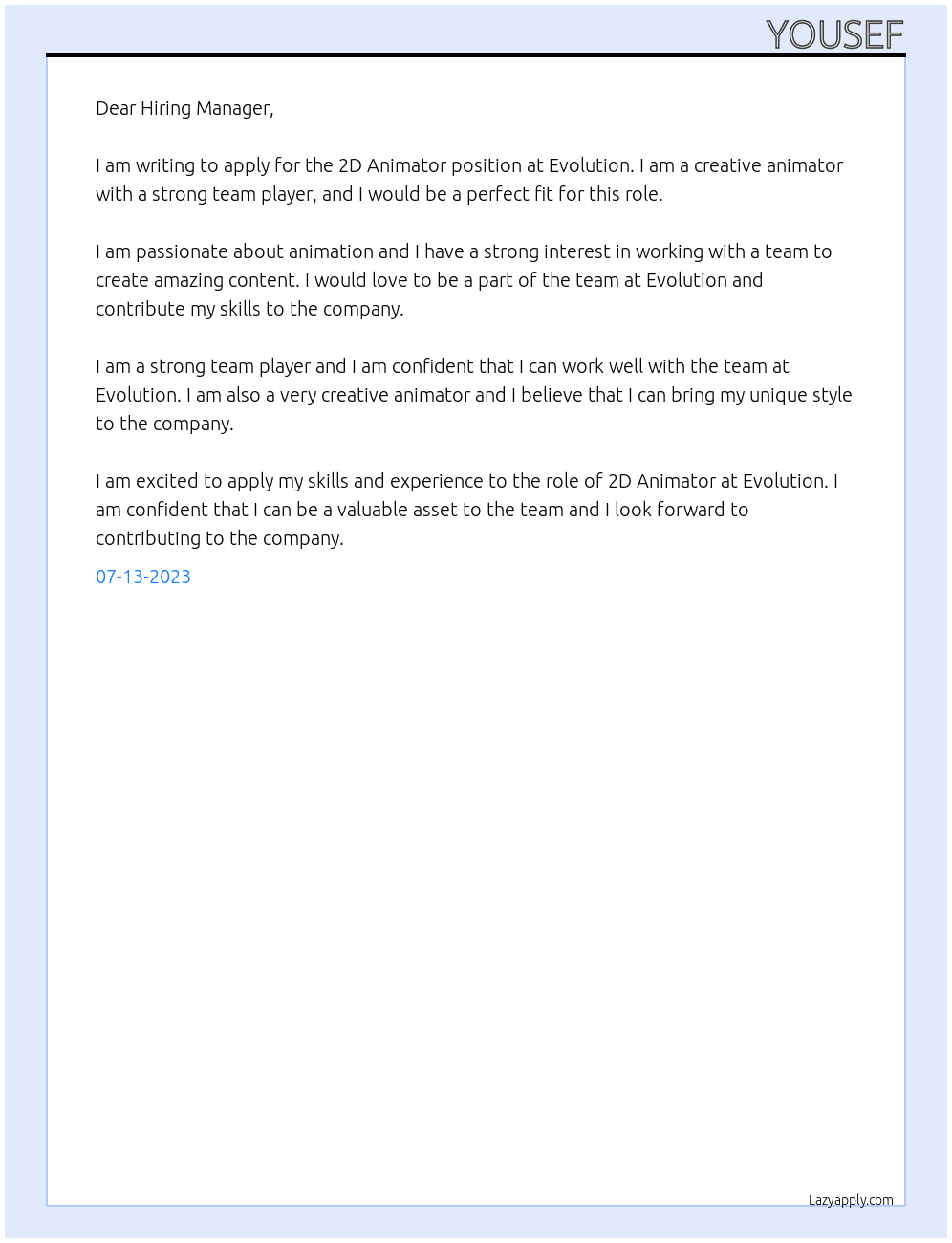 2d animator At Evolution Cover Letter