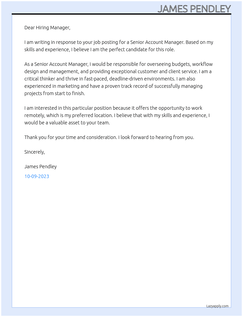 Senior Account Manager At Confidential Cover Letter