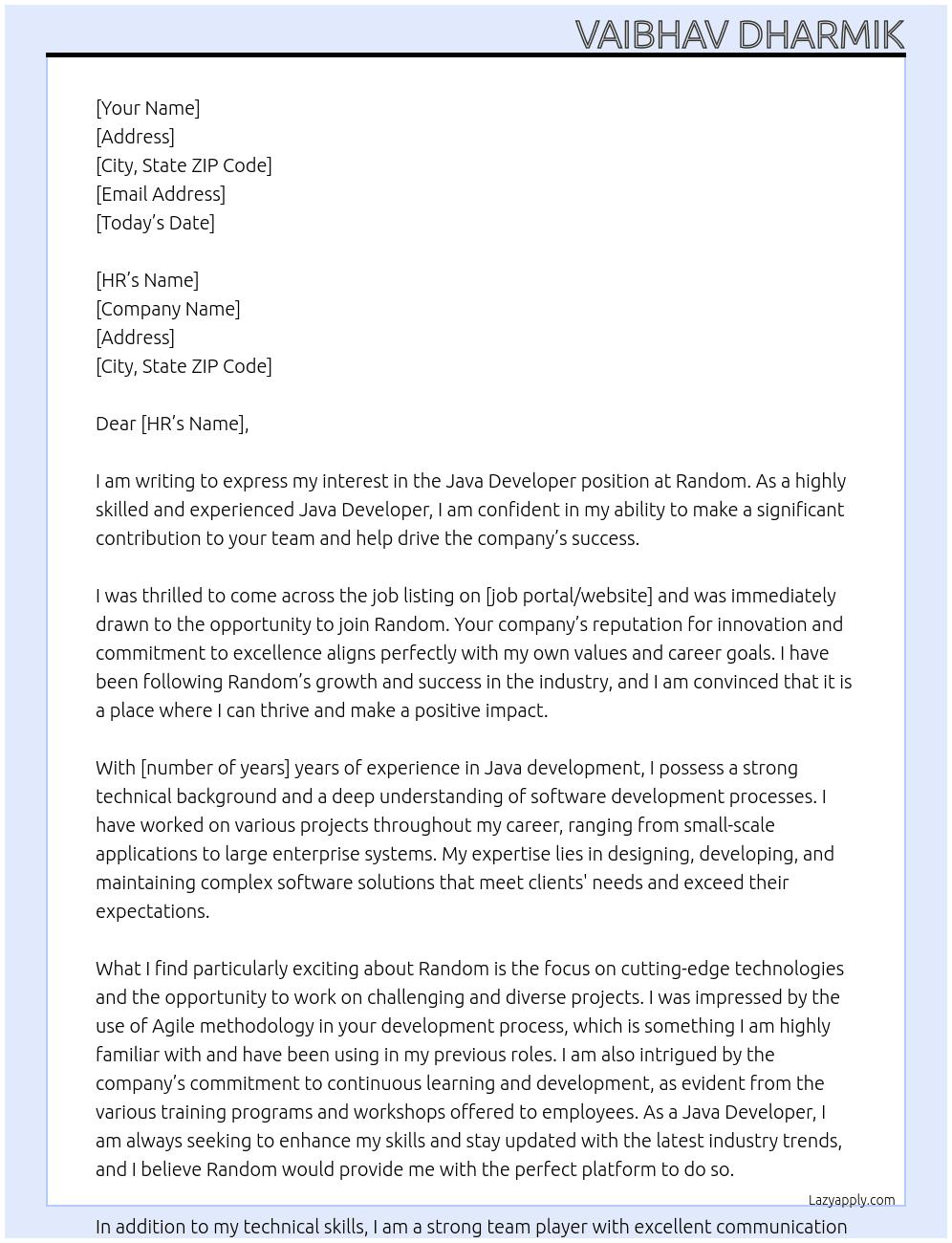 Java developer At Random Cover Letter