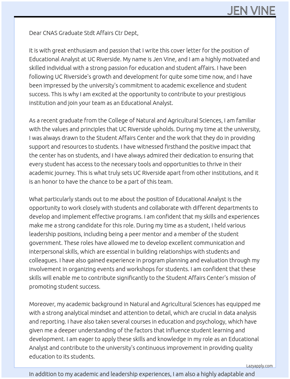 Educational Analyst At UC Riverside Cover Letter