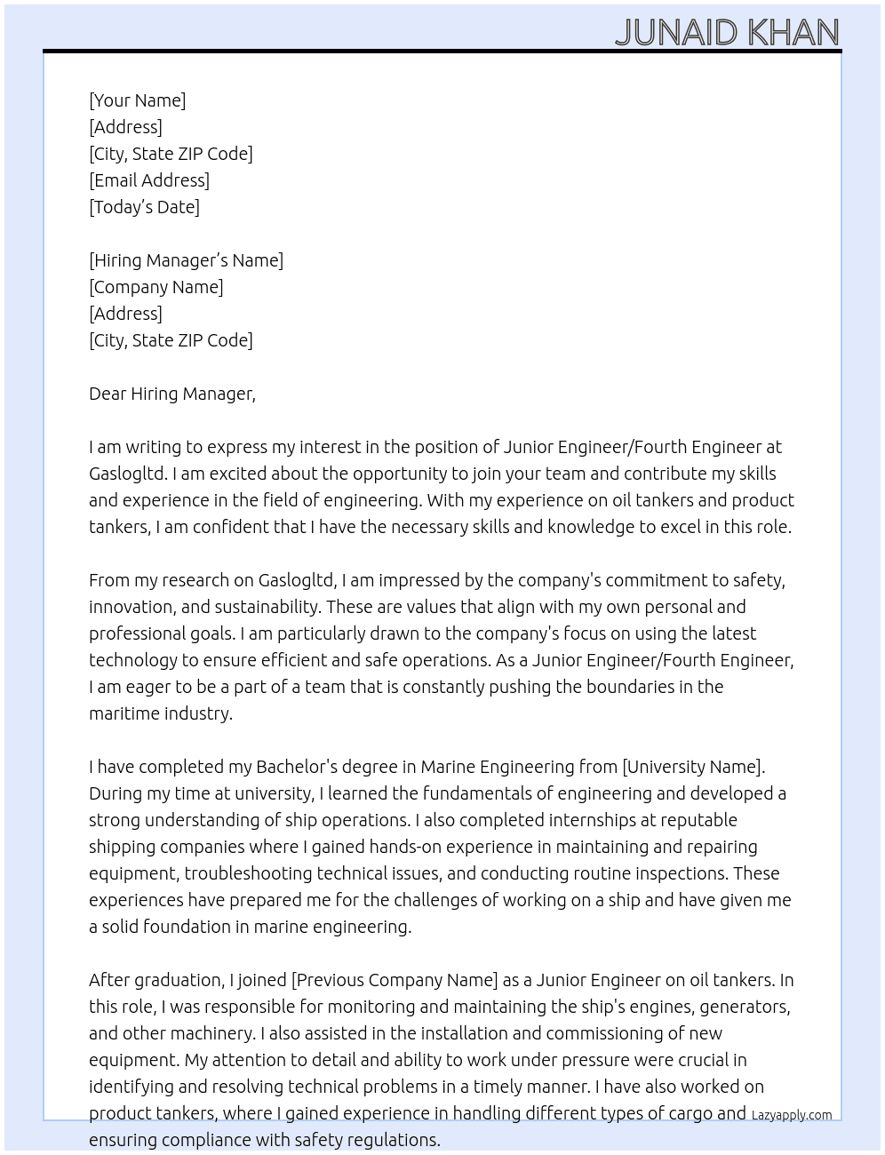 Junior Engineer/Fourth Engineer At Gaslogltd Cover Letter