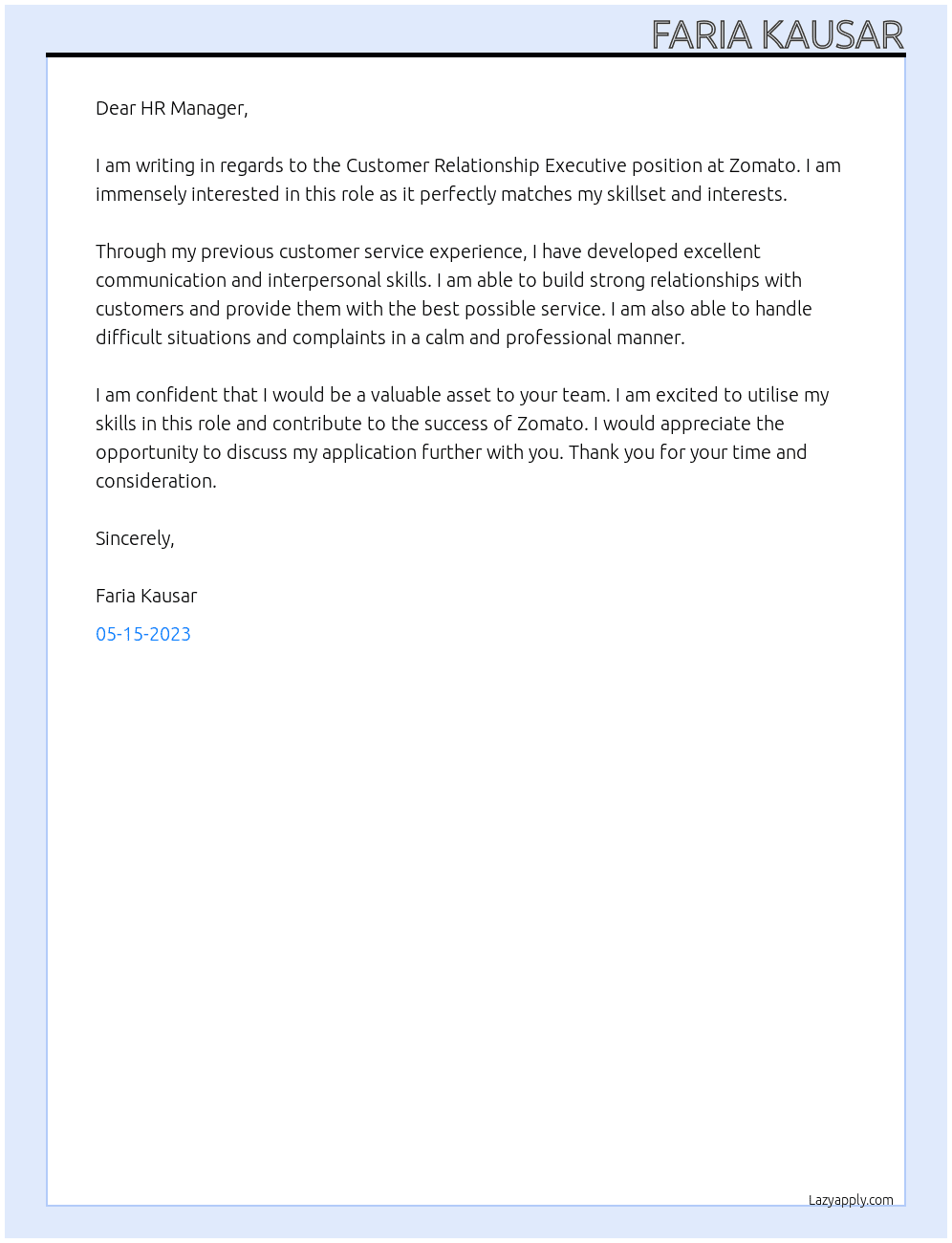  Customer Relationship Executive  At ZOMATO Cover Letter