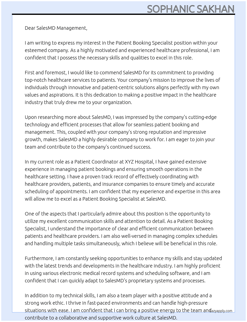 Patient Booking Specialist At SalesMD Cover Letter