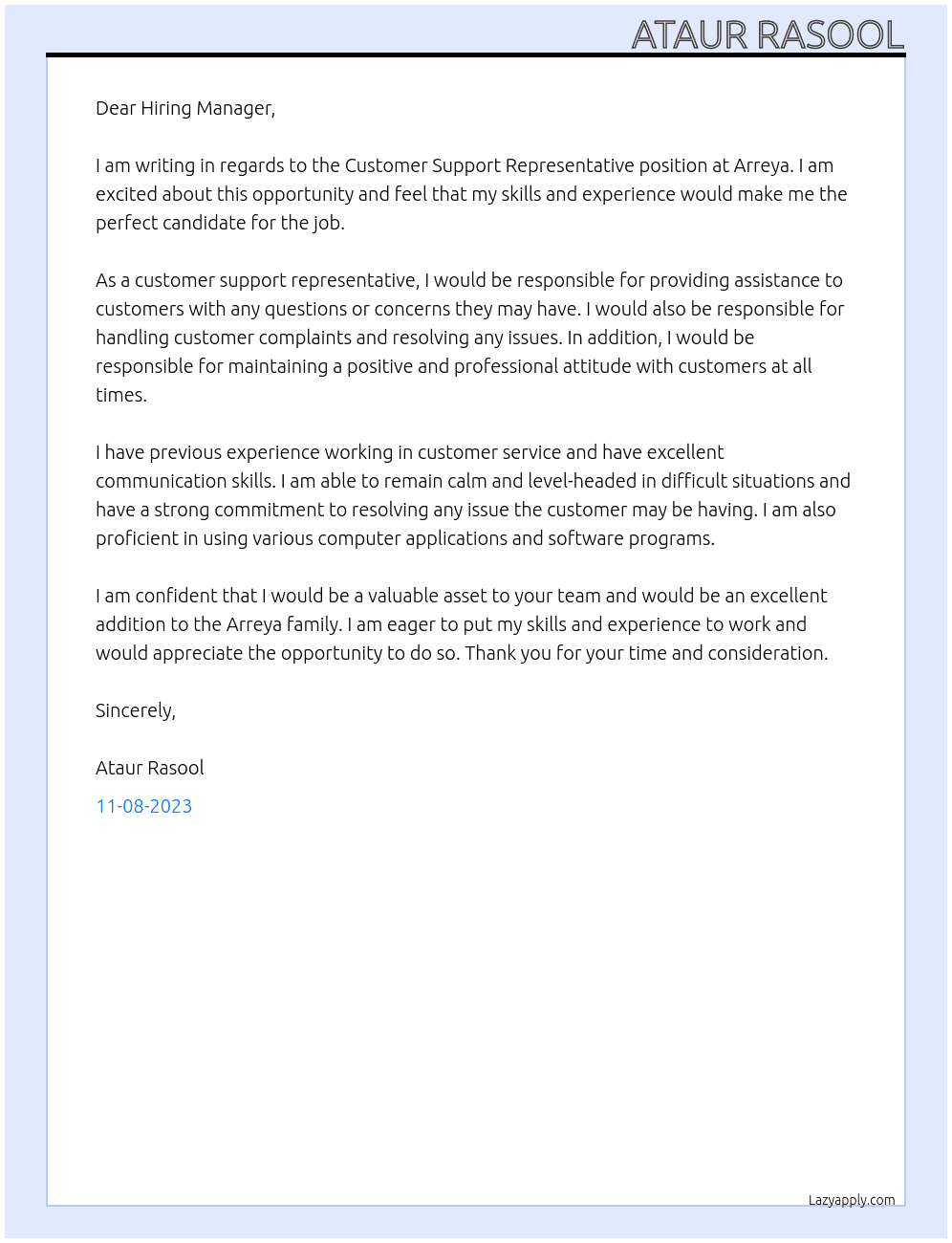 Customer Support Representative At Arreya Cover Letter