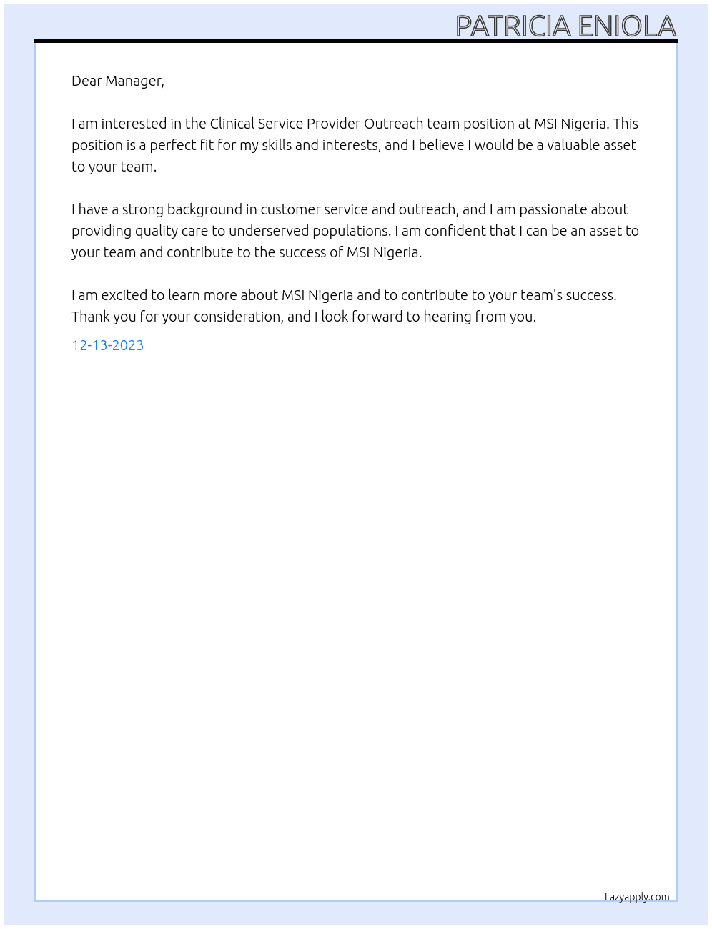 Clinical Service Provider Outreach team At MSI Nigeria  Cover Letter