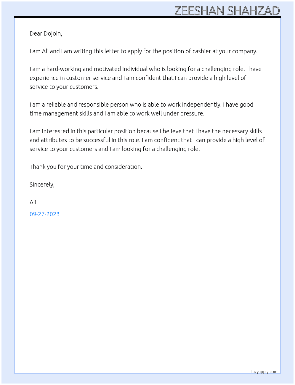Cashier  At Dojoin Cover Letter