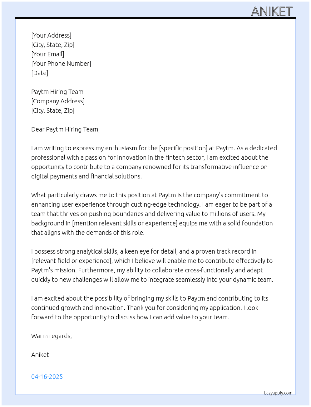 Cover letter for paytm - LazyApply