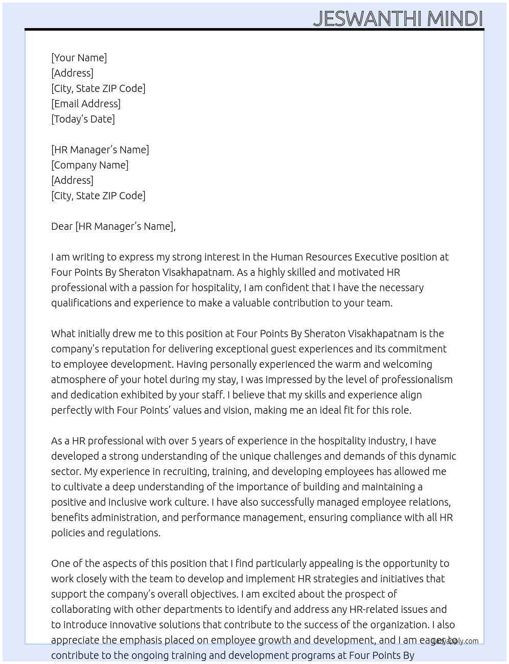 Human Resources Executive At Four Points By Sheraton Visakhapatnam Cover Letter