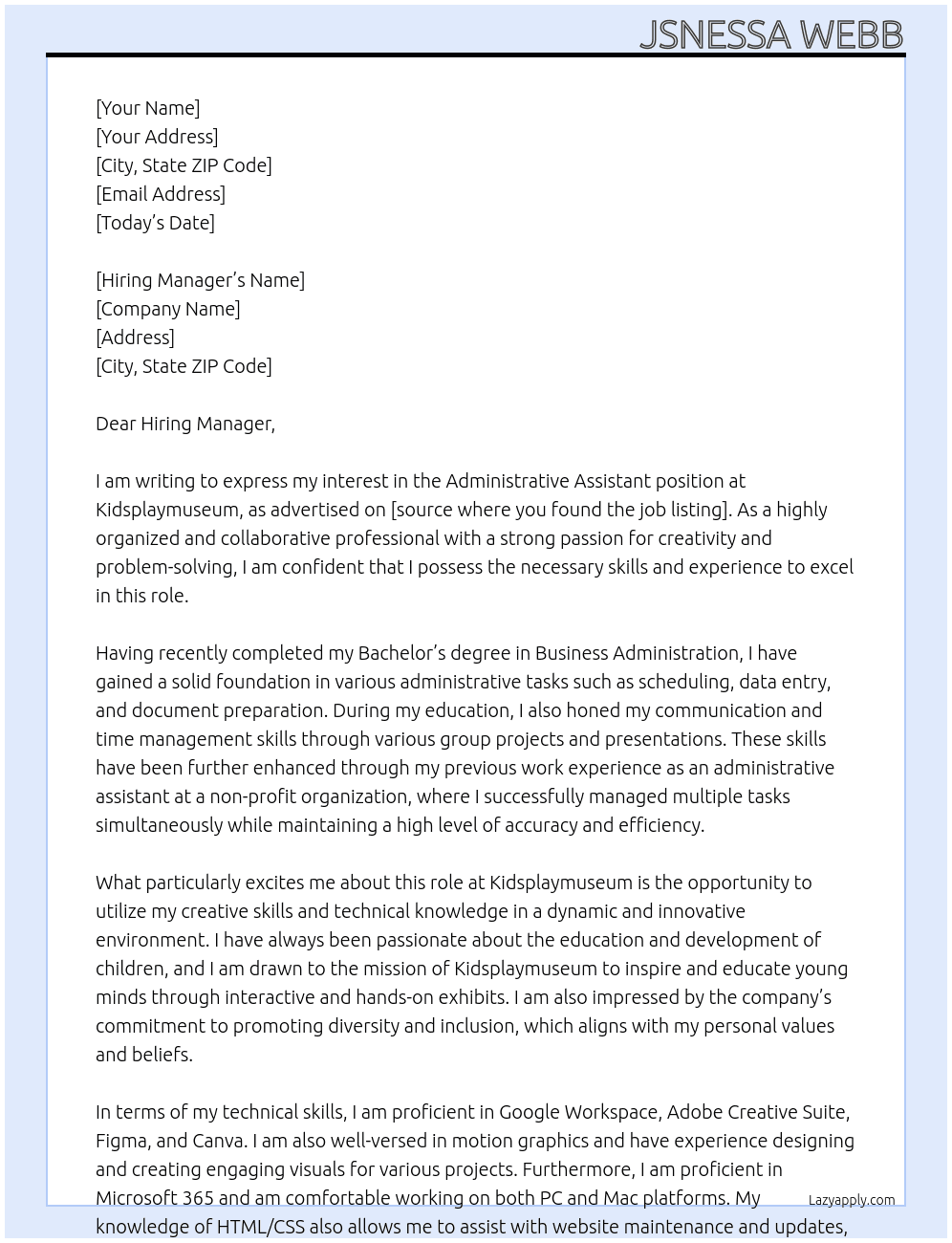 Administrative Assistant At kidsplaymuseum Cover Letter