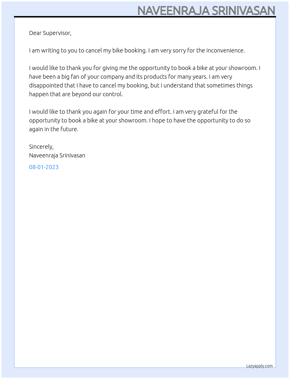 Bike booking cancelation letter At Jawa Showroom Cover Letter