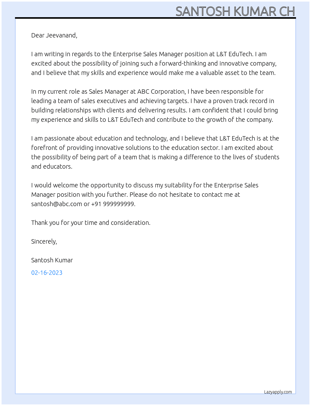 Enterprise Sales Manager At L&T EduTech Cover Letter