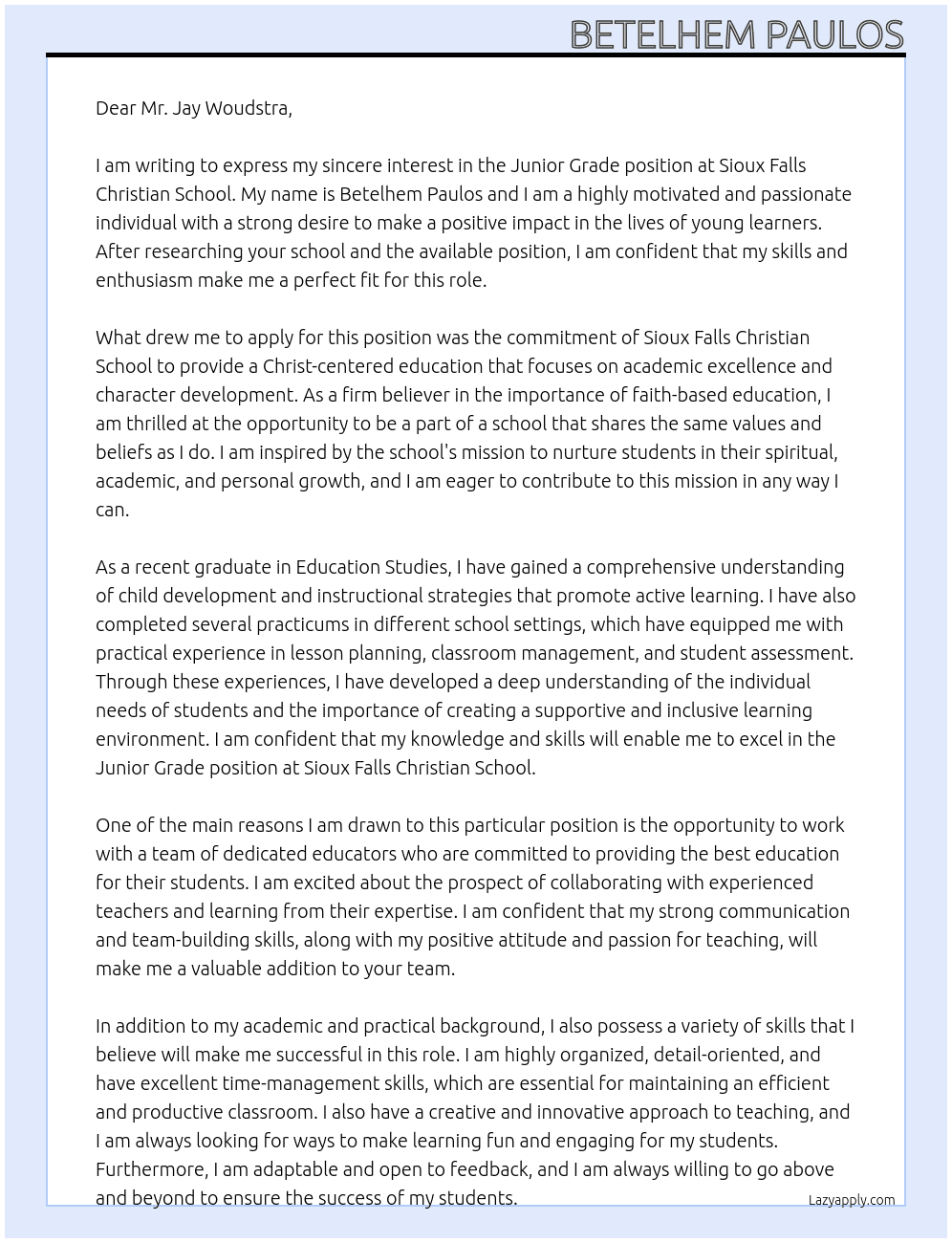  junior grade At Sioux Falls Christian School Cover Letter