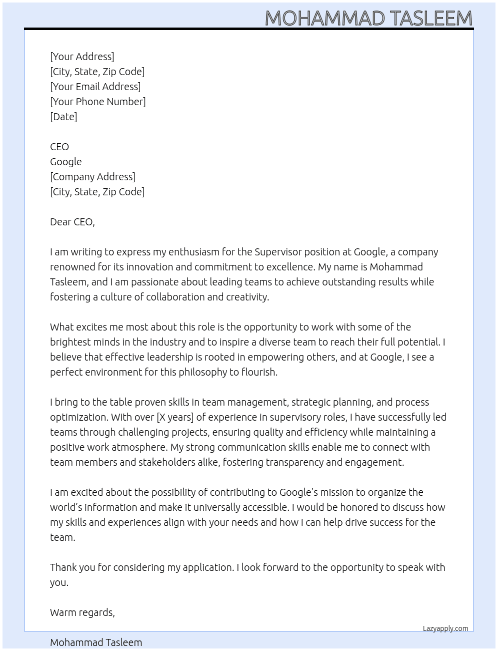 Supervisor At Google Cover Letter