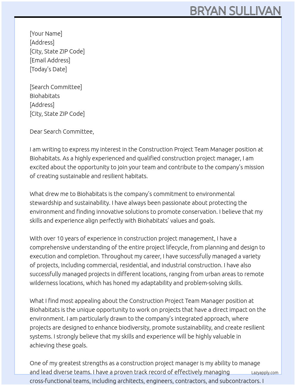 Construction Project Team Manager At Biohabitats Cover Letter