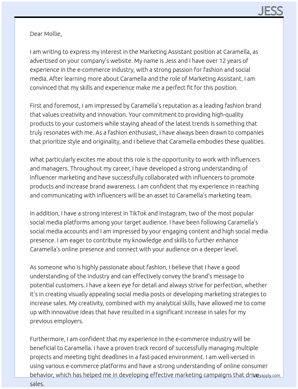 Marketing Assistant At Caramella Cover Letter