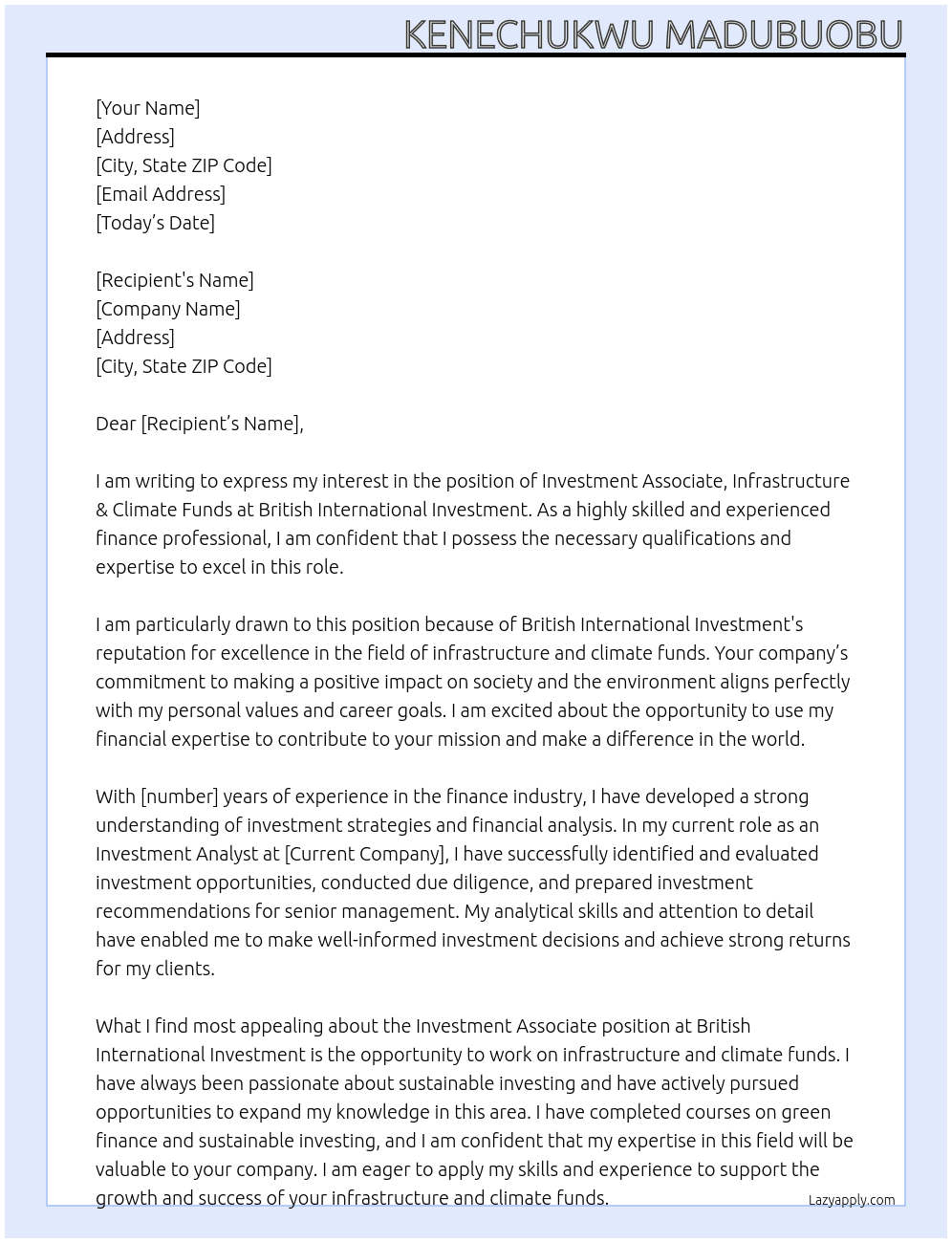 Investment Associate, Infrastructure & Climate Funds At British International Investment Cover Letter