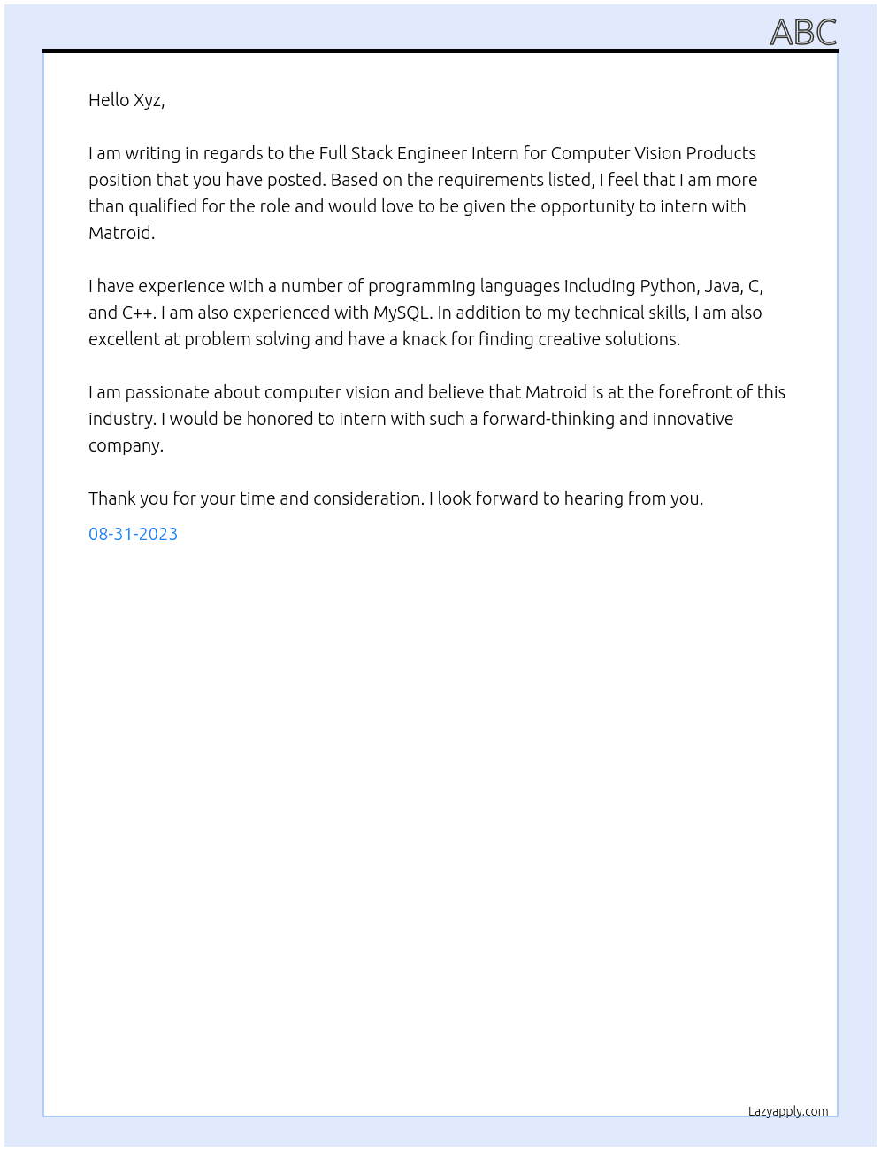 Full Stack Engineer Intern for Computer Vision Products  At Matroid Cover Letter