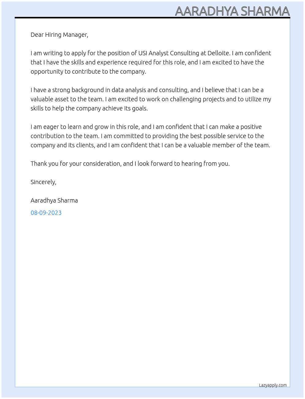 Delloite Usi Analyst consulting At Delloite USI Cover Letter