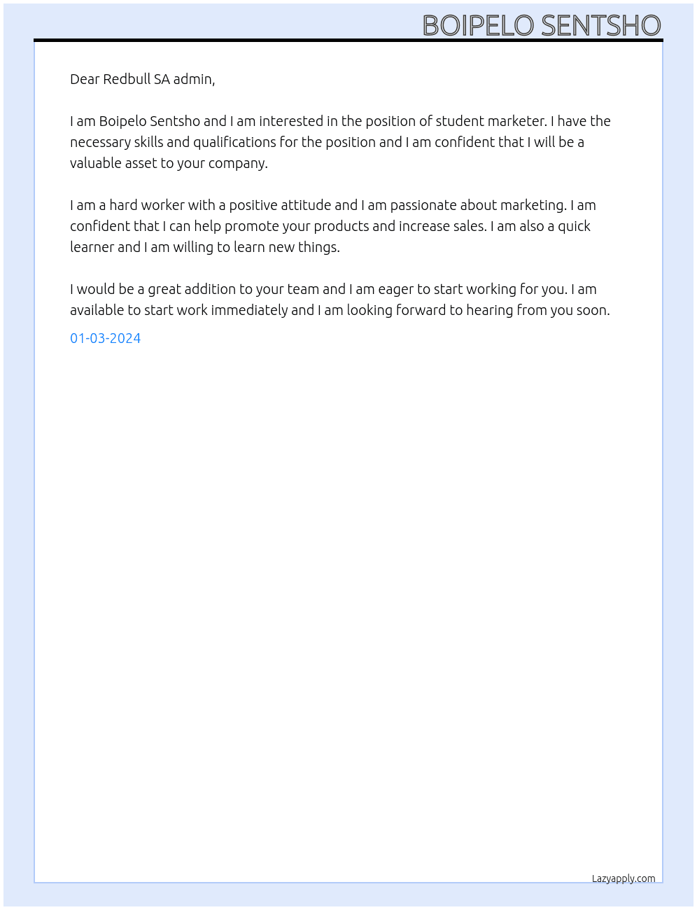 student marketer At Redbull SA Cover Letter