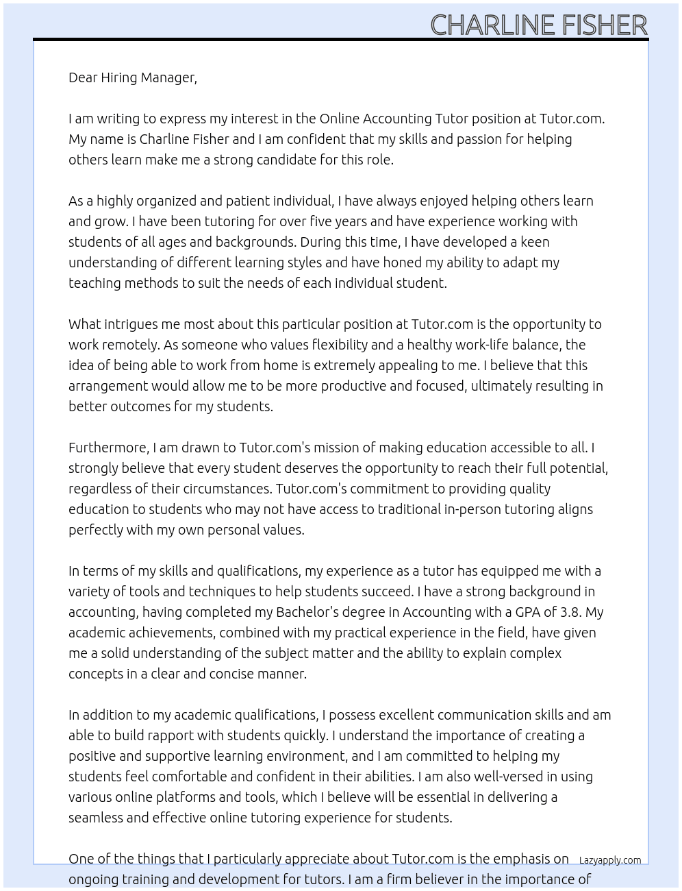 Online Accounting Tutor At Tutor.com Cover Letter