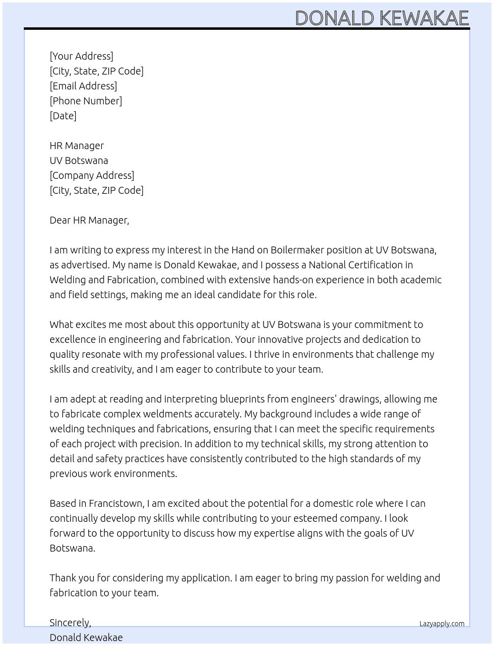Hand on Boilermaker At UV Botswana Cover Letter
