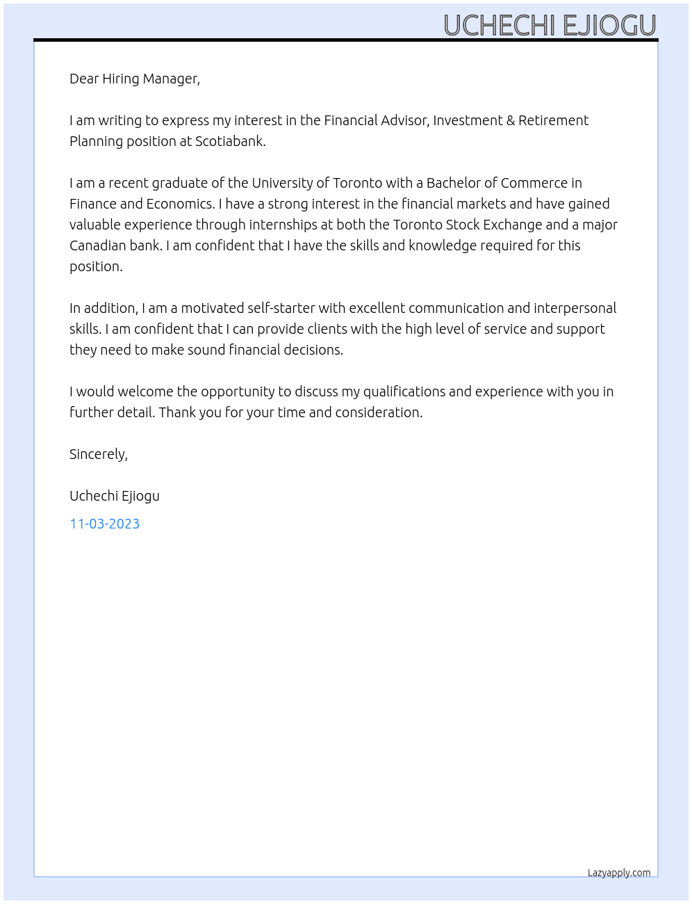 Financial Advisor, Investment & Retirement Planning At SCOTIABANK Cover Letter