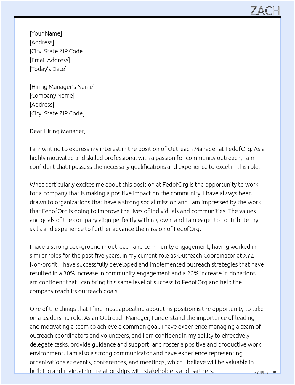 Outreach manager At FedofOrg Cover Letter