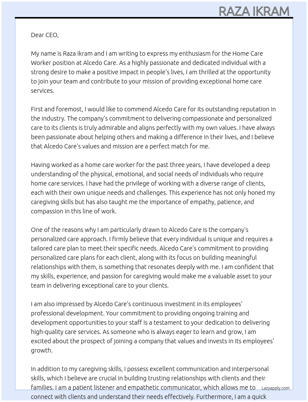 Home care worker  At Alcedo care  Cover Letter