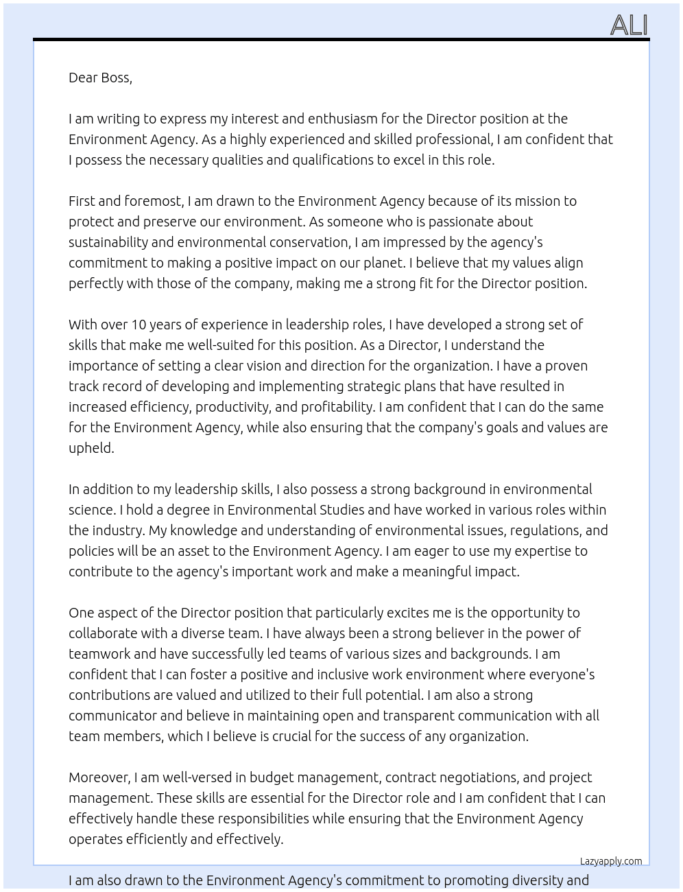 Director  At Environment agency  Cover Letter