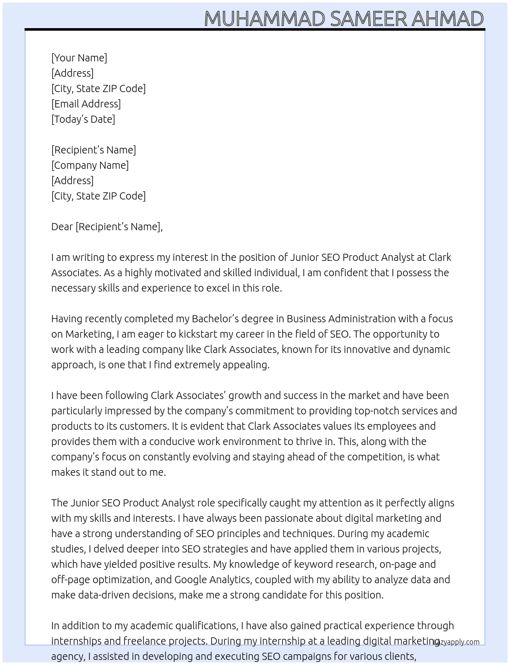 Junior SEO Product Analyst At Clark Associates Cover Letter