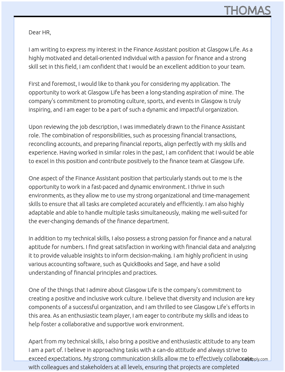 Finance Assistant At Glasgow Life Cover Letter