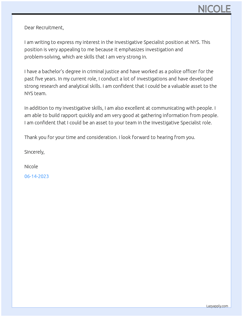 Investigative specialist At NYS Cover Letter