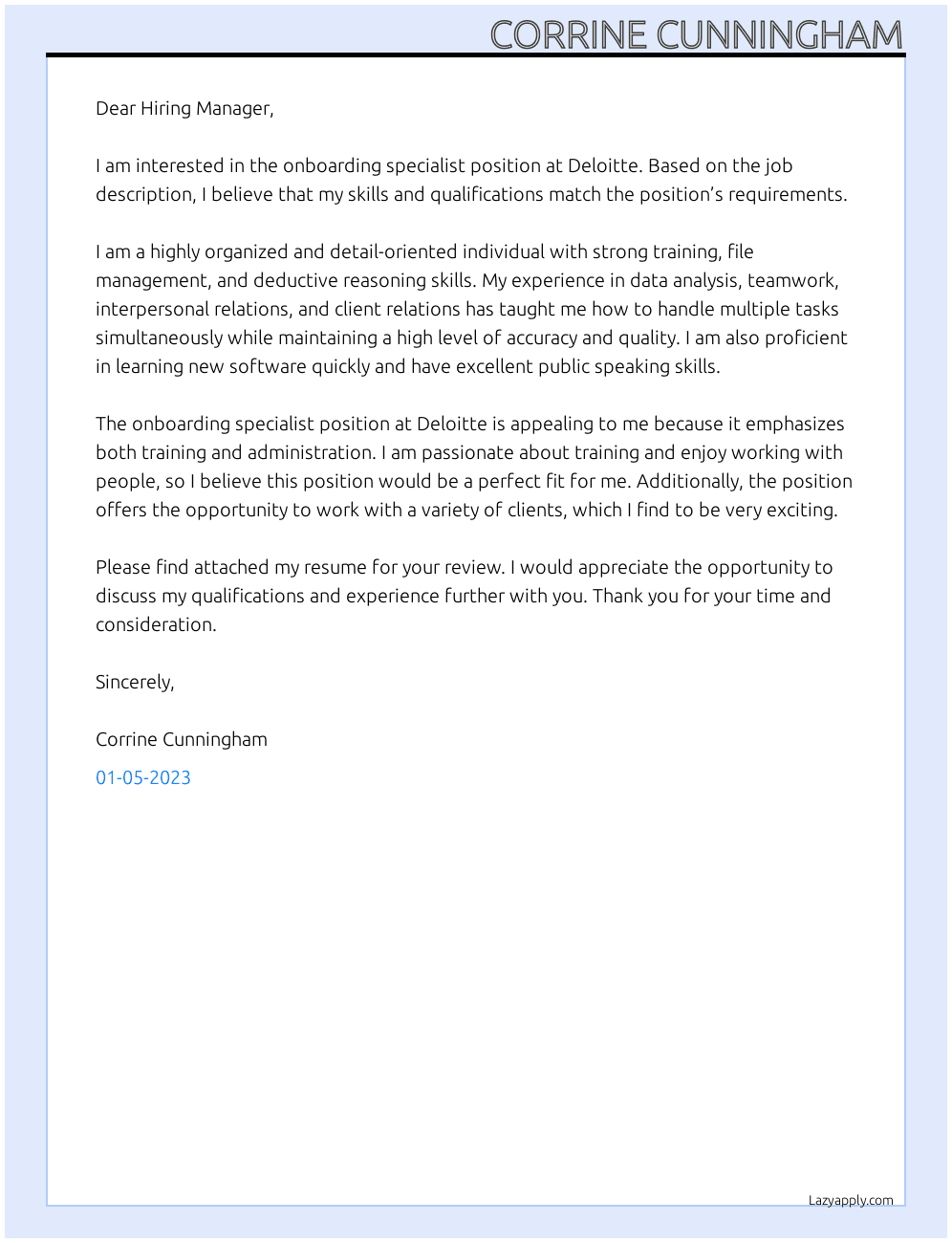 Onboarding Specialist At Deloitte Cover Letter