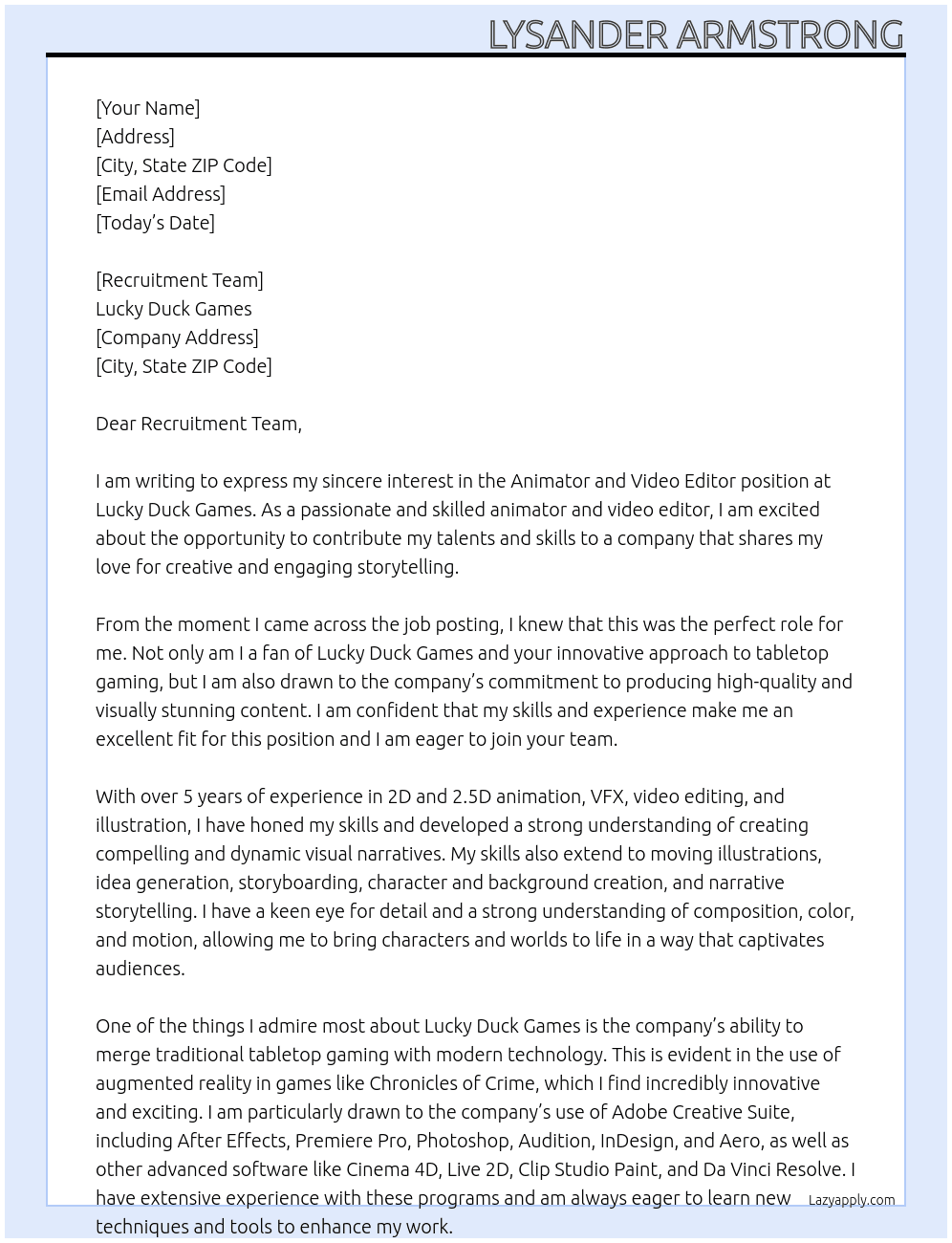 Animator and Video Editor At Lucky Duck Games Cover Letter