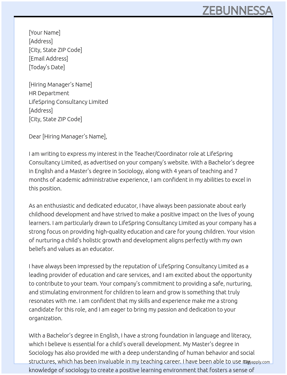 Teacher/Coordinator At LifeSpring Consultancy Limited Cover Letter