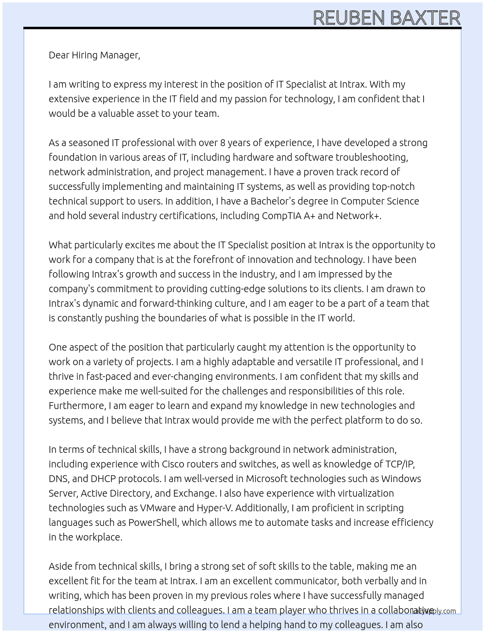 IT Specialist At Intrax Cover Letter