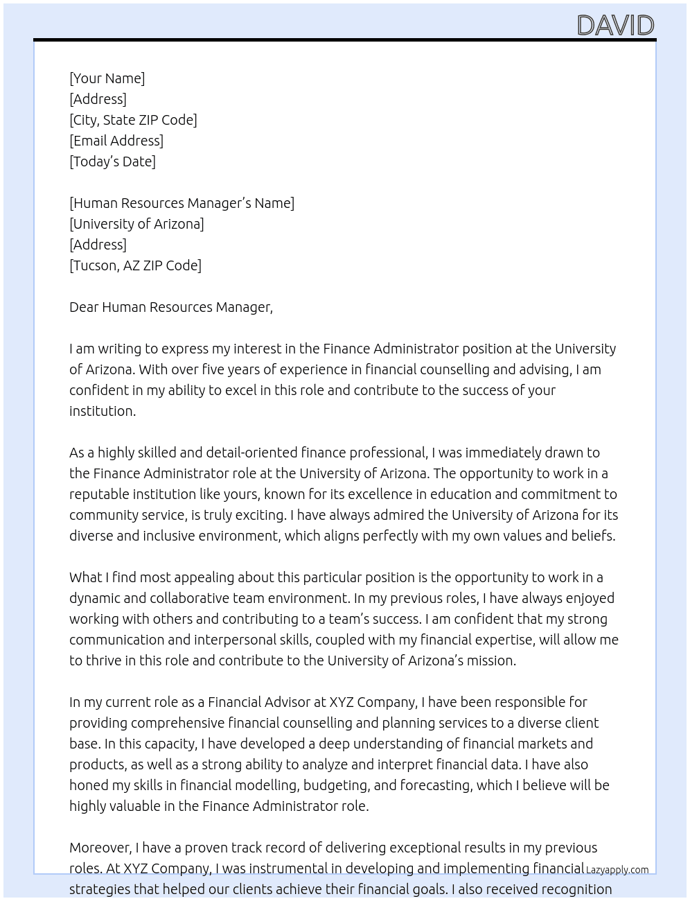 Finance Administrator At University of Arizona Cover Letter