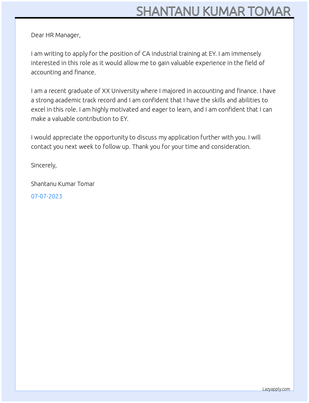 CA industrial training  At EY Cover Letter