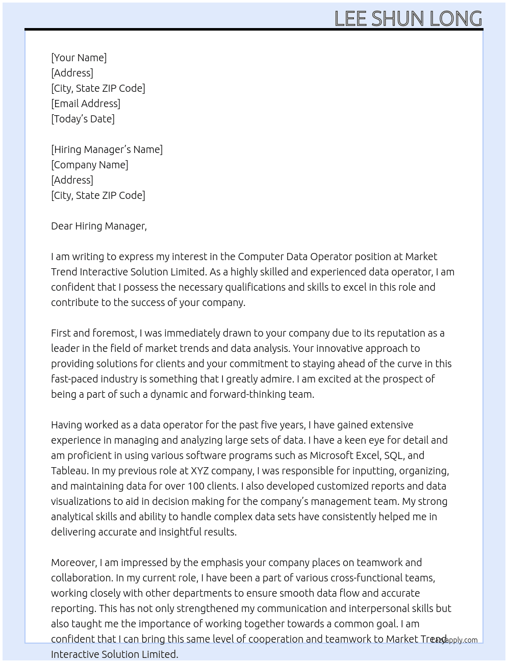 Computer Data Operator At Market Trend Interactive Solution Limited Cover Letter
