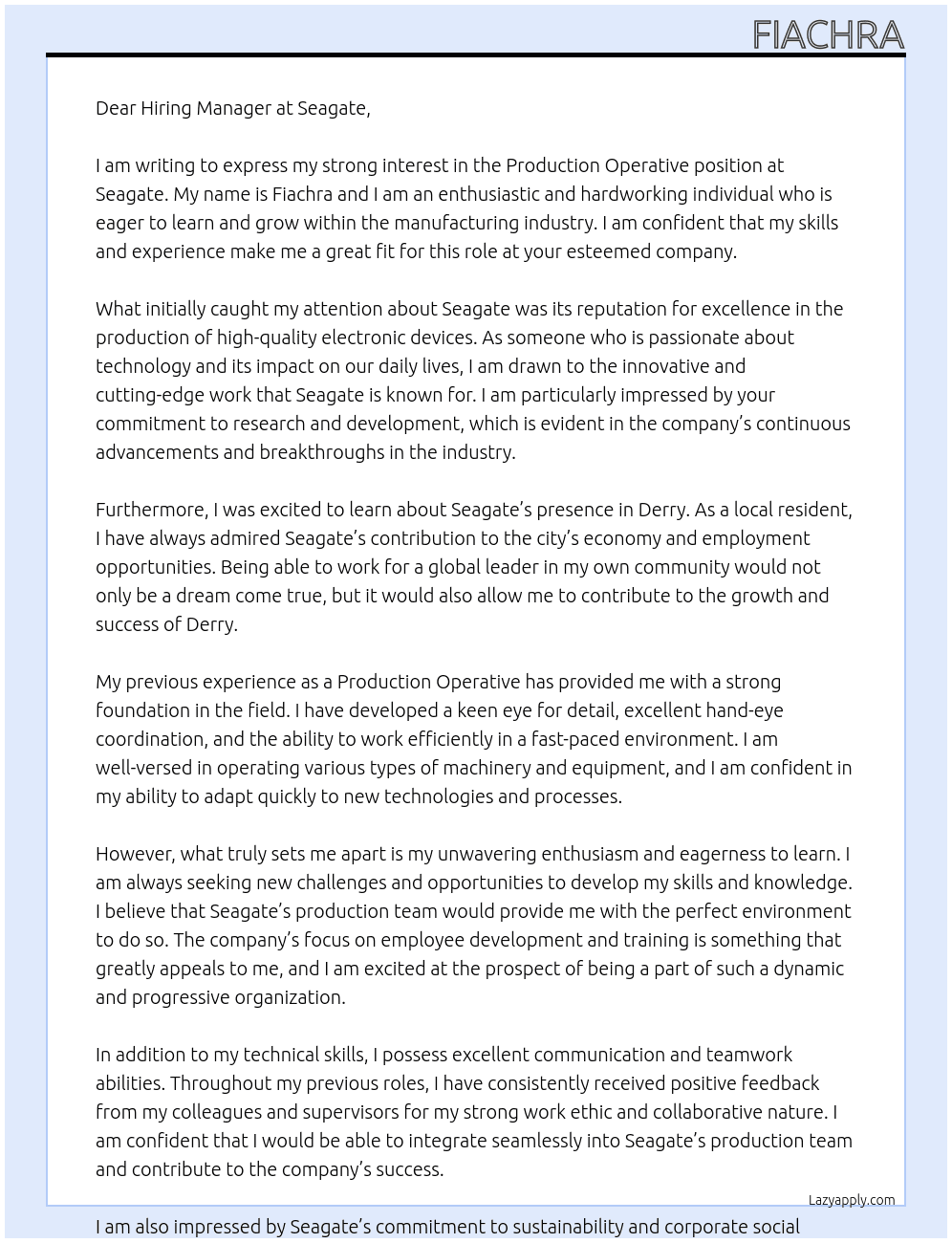production operative At Seagate Cover Letter