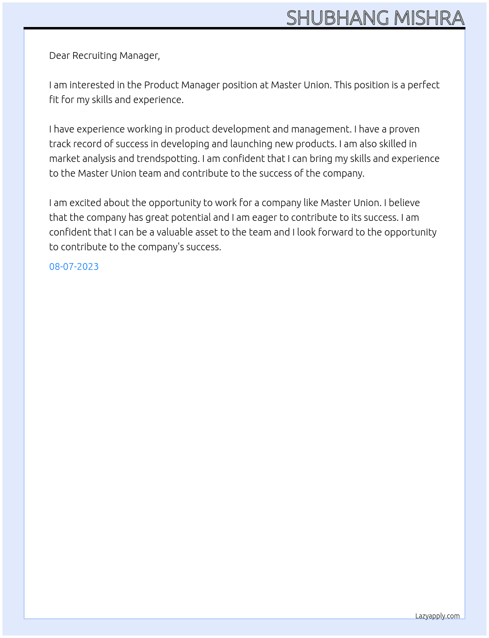 Product Manager  At Master Union Cover Letter