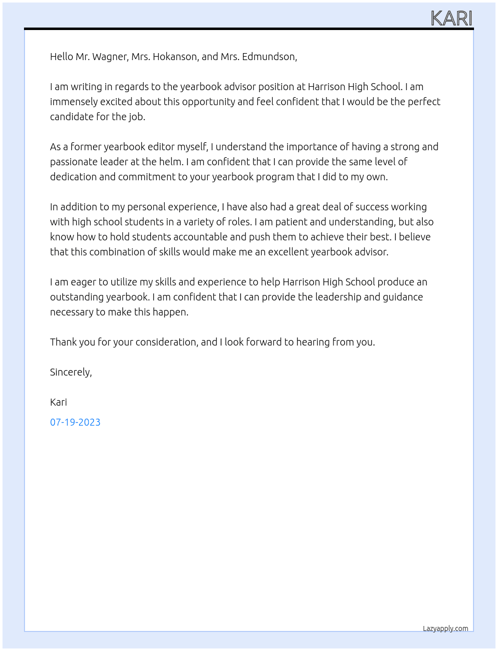yearbook advisor At Harrison High School Cover Letter