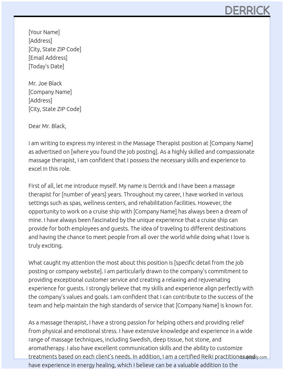 Massage Therapist At Cruise Ship Cover Letter