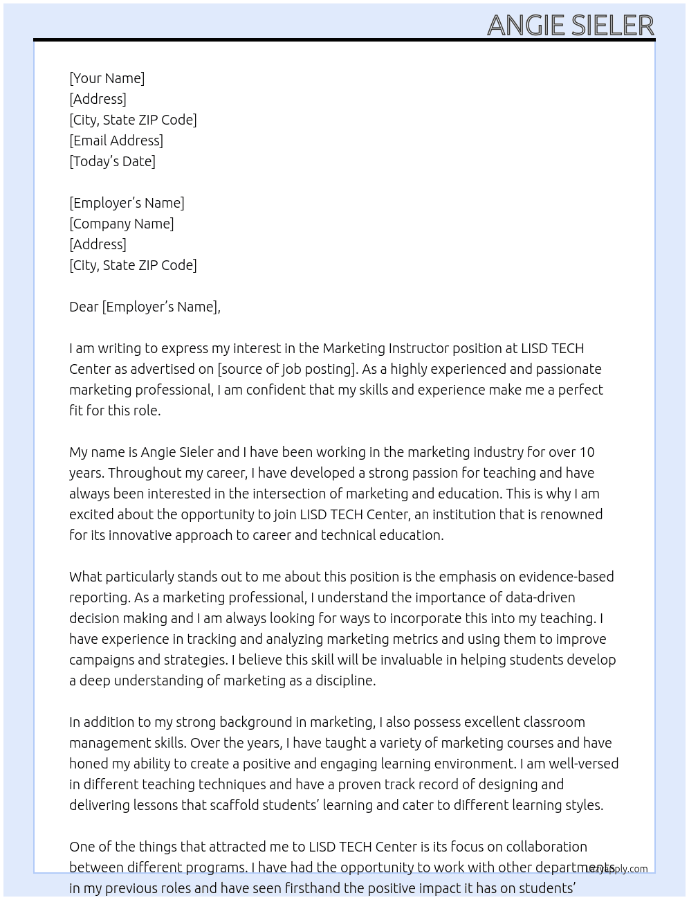 Marketing Instructor At LISD TECH Center Cover Letter
