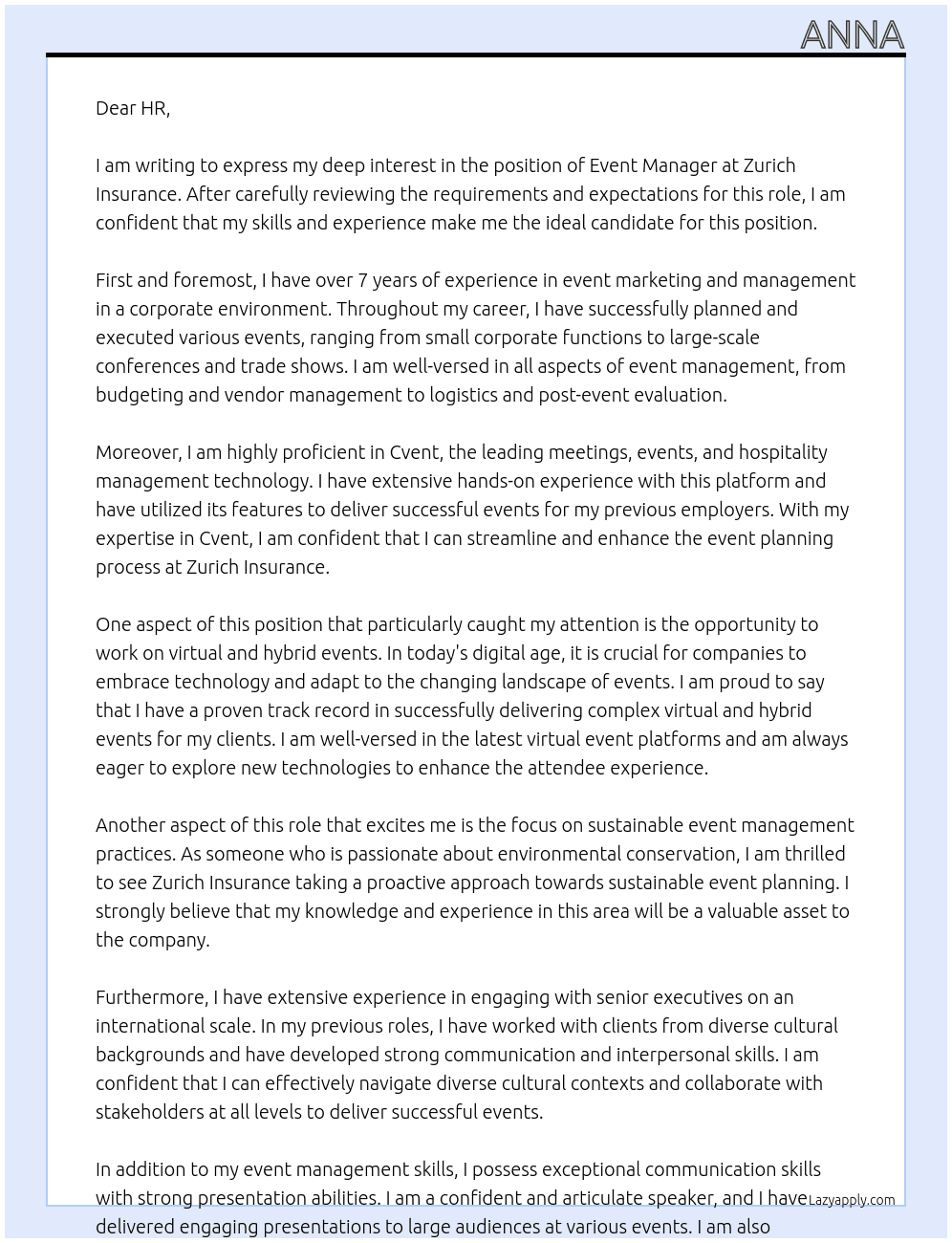 Event Manager At Zurich Insurance Cover Letter