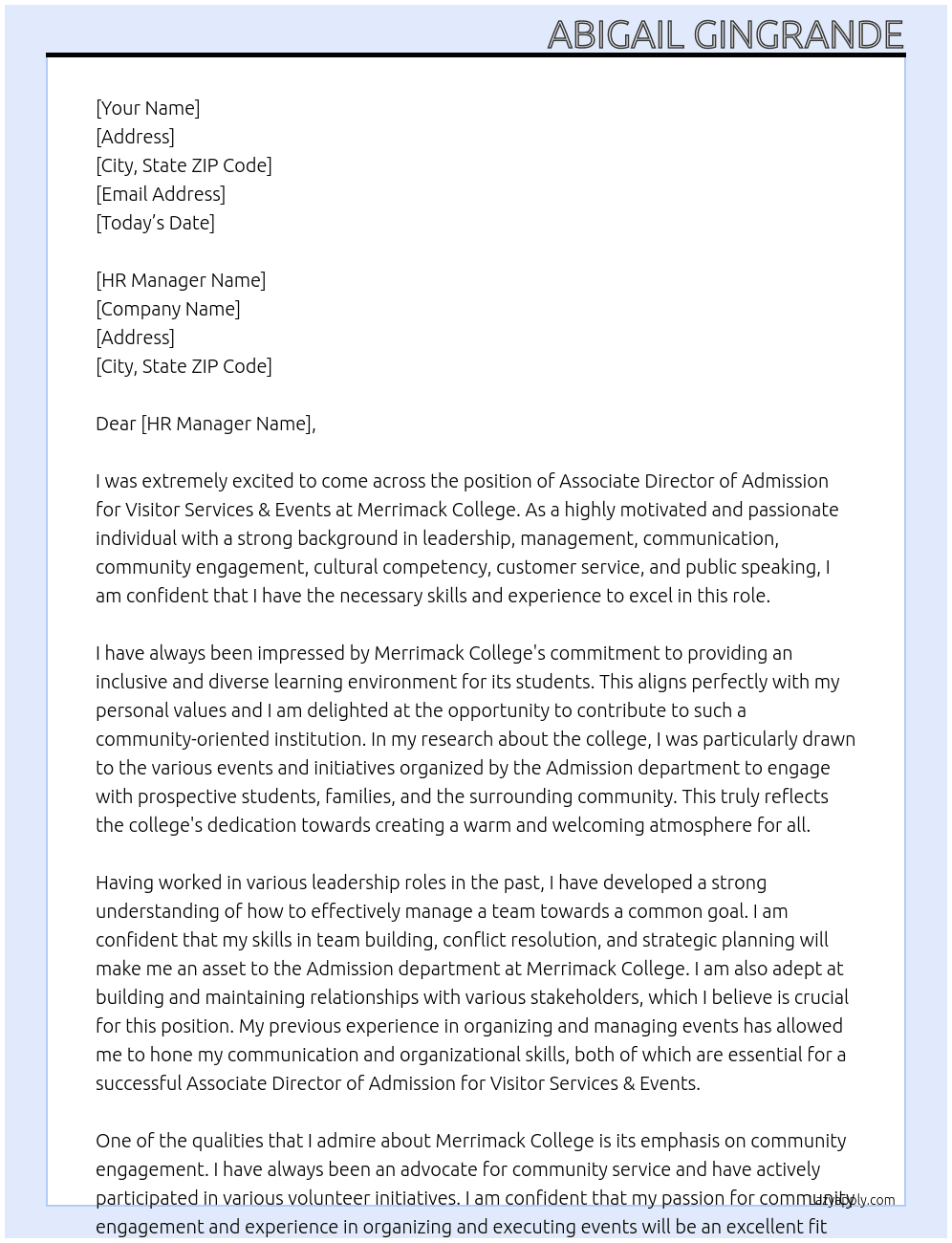 Associate Director of Admission for Visitor Services & Events At Merrimack College Cover Letter