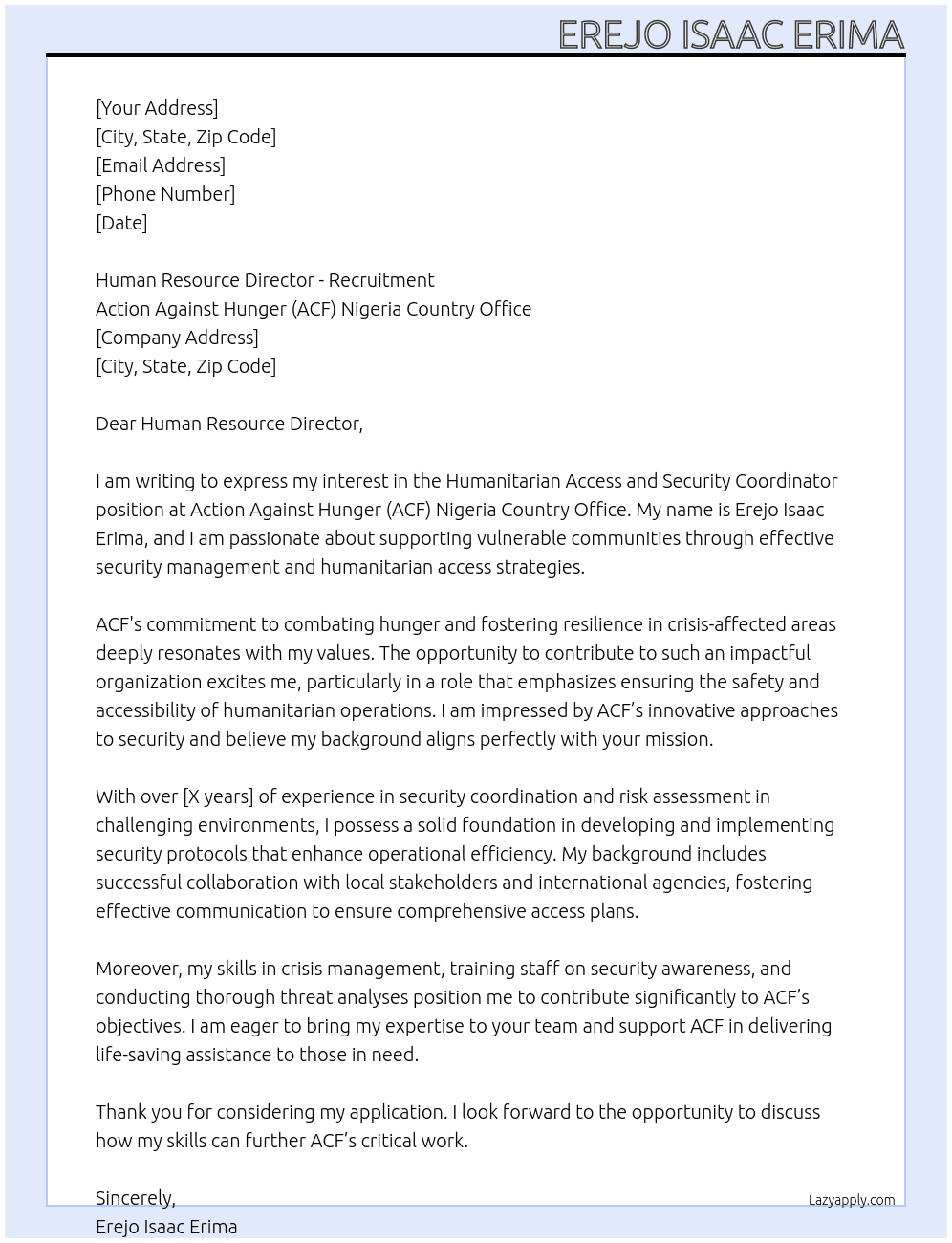Cover letter for humanitarian access and security coordinator - LazyApply