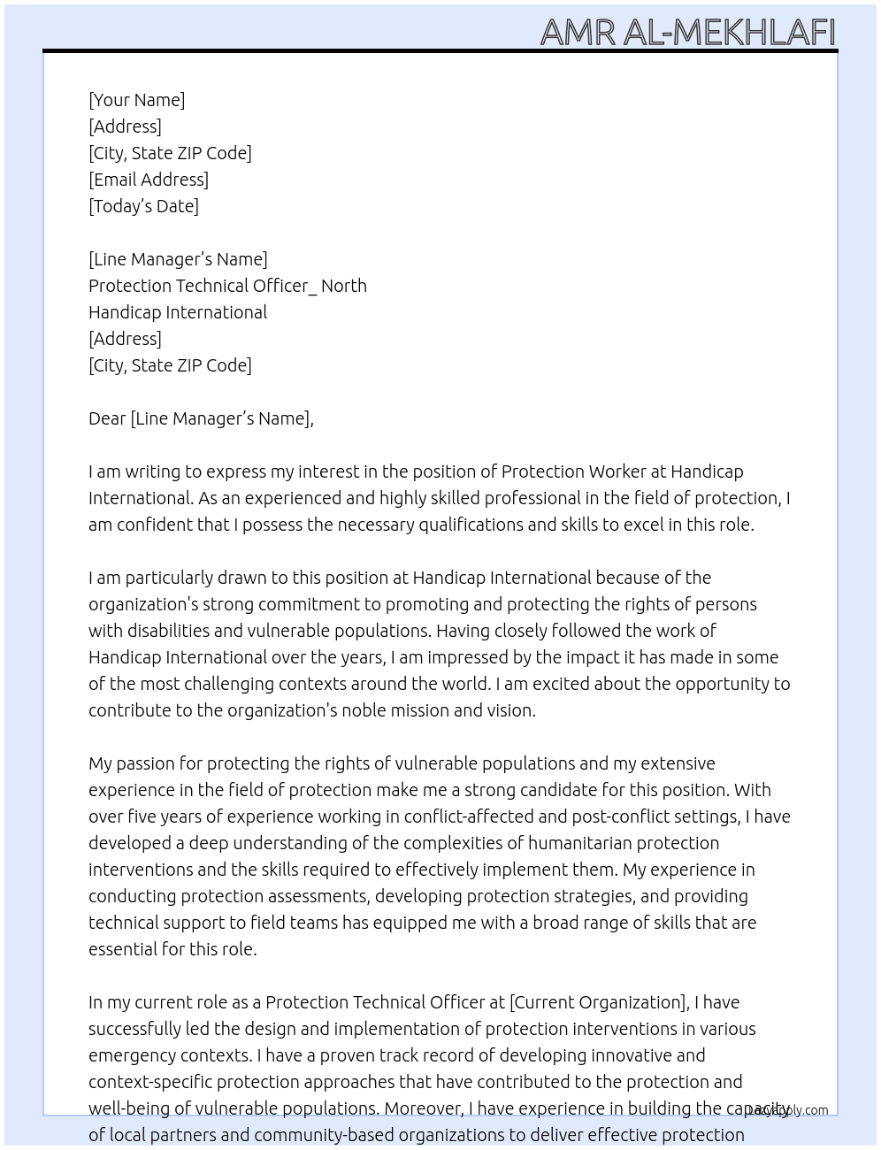 Protection Worker At Handicap International Cover Letter
