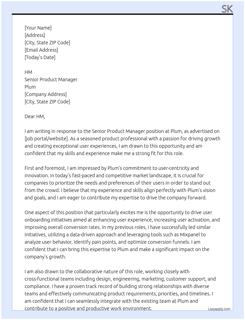 Senior Product Manager At Plum Cover Letter